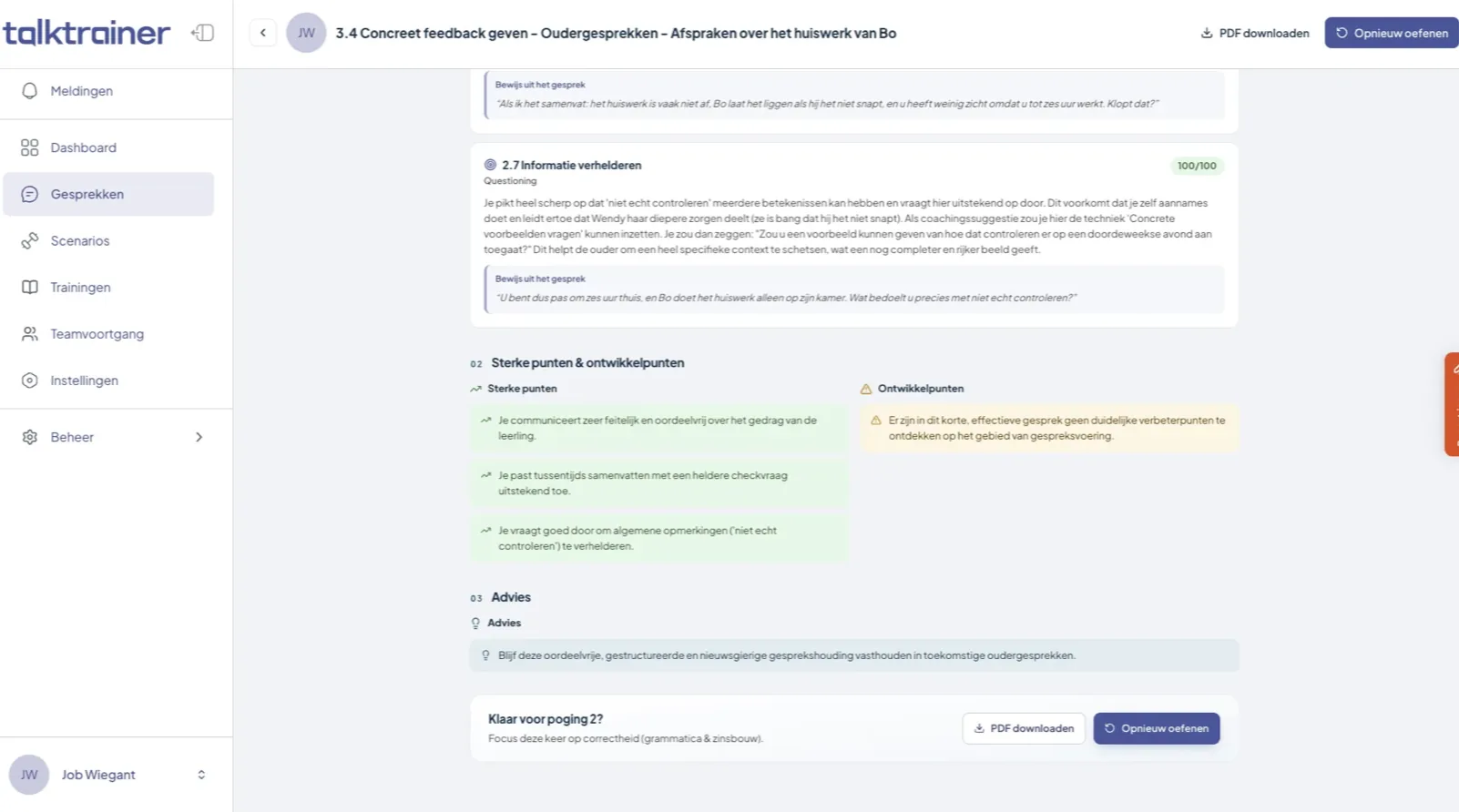 Het feedbackscherm na een oefengesprek in TalkTrainer, met sterke punten, ontwikkelpunten, advies en de knop om opnieuw te oefenen.
